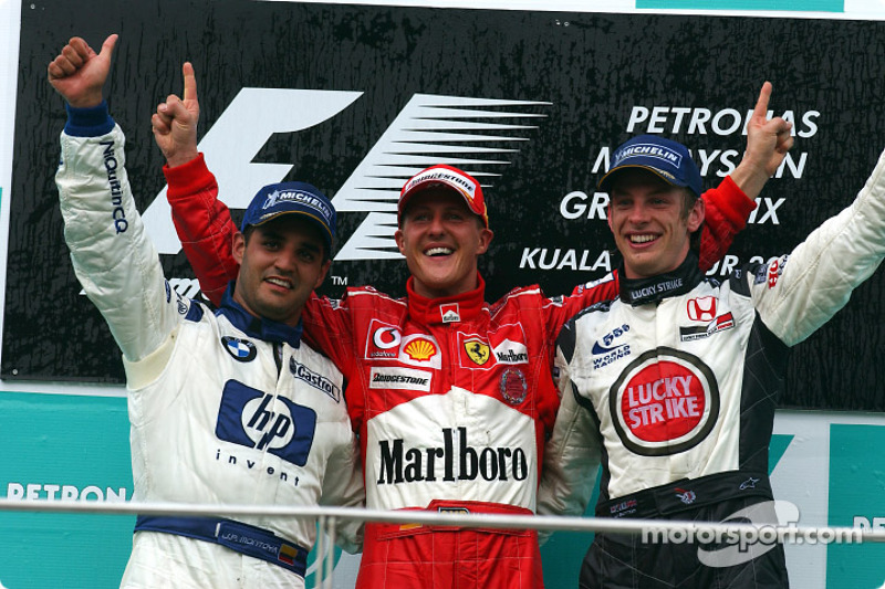 Podium: winnaar Michael Schumacher met Juan Pablo Montoya en Jenson Button