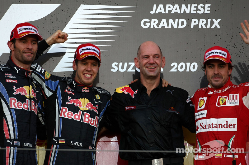 Podium: race winner Sebastian Vettel, Red Bull Racing, second place Mark Webber, third place Fernando Alonso, Scuderia Ferrari, with Red Bull Racing Adrian Newey, Red Bull Racing, Technical Operations Director