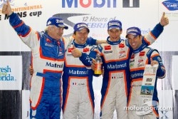 Class winners podium: P1 and overall winners Nicolas Lapierre, Loic Duval and Olivier Panis celebrate with Hugues de Chaunac