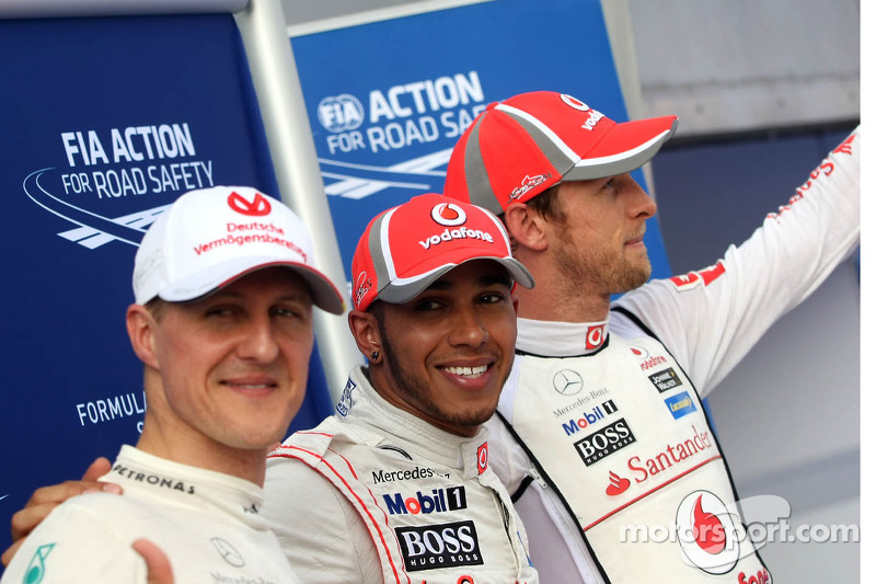 Michael Schumacher, Lewis Hamilton y Jenson Button en Malasia 2012