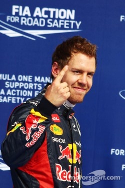 Sebastian Vettel, Red Bull Racing celebrates his pole position in parc ferme