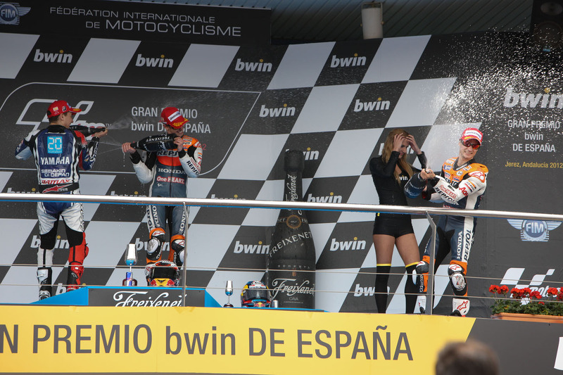 Podium : le vainqueur Casey Stoner, Repsol Honda Team, le deuxième Jorge Lorenzo, Yamaha Factory Team, le troisième Dani Pedrosa, Repsol Honda Team