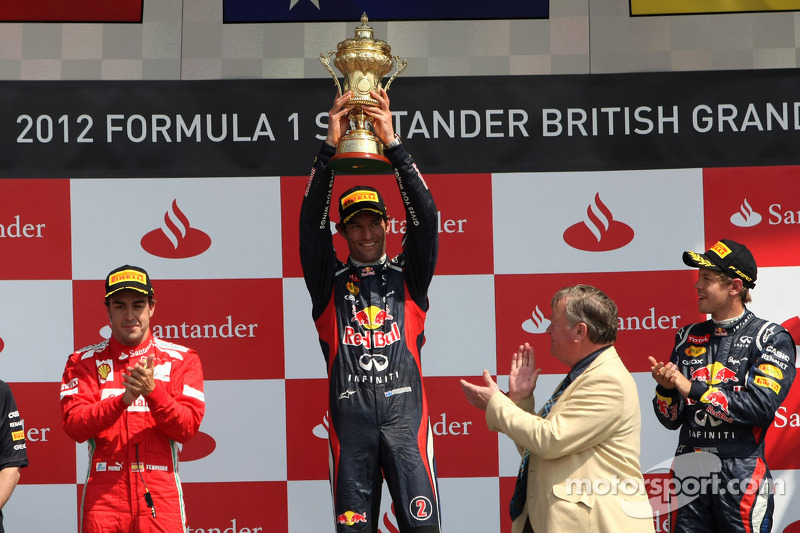 Podio de F1 en Silverstone 2012: 1. Mark Webber, 2. Fernando Alonso, 3. Sebastian Vettel