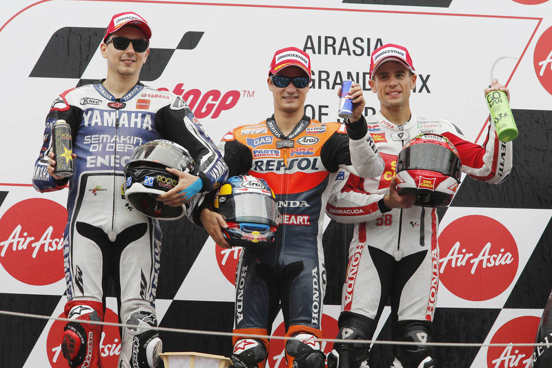 Podium: winner Dani Pedrosa, Repsol Honda Team, second place Jorge Lorenzo, Yamaha Factory Racing, third place Alvaro Bautista, Honda Gresini