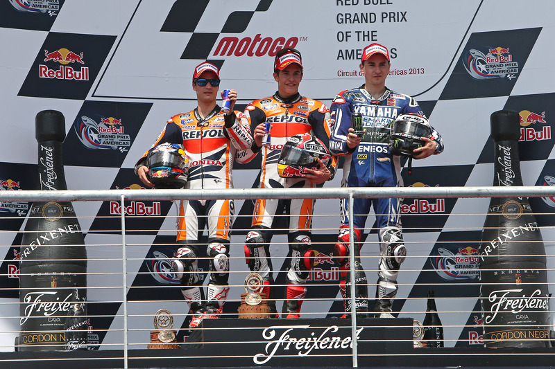 Podio: ganador Marc Márquez, segundo puesto de Dani Pedrosa, Jorge Lorenzo el tercer lugar