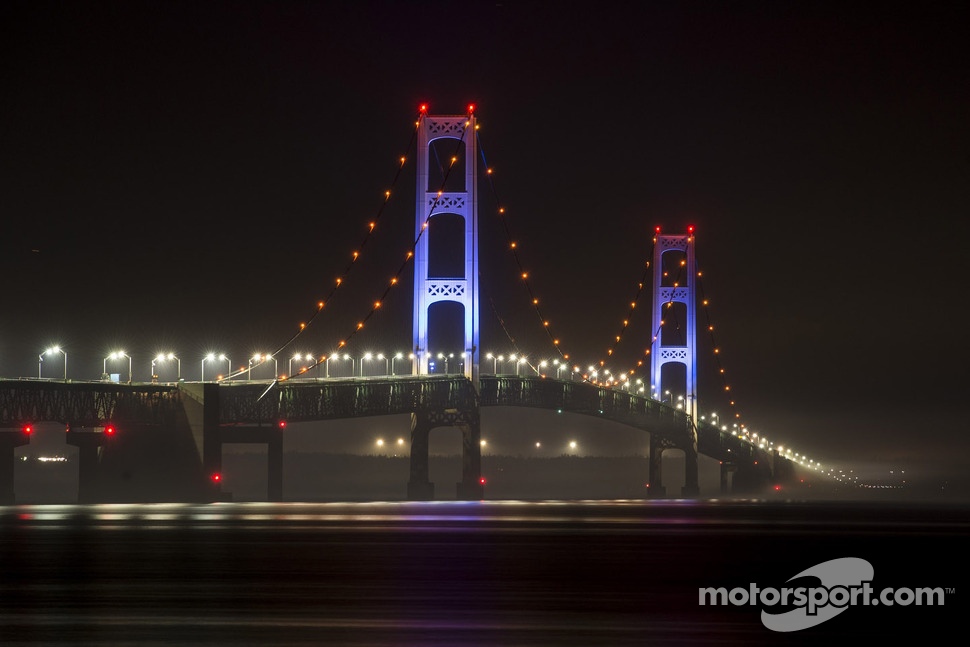 The Mackinac Bridge is lit up in blue to promote the Michigan International Speedway and Michigan native Brad Keselowski