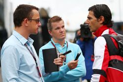 Pedro de la Rosa, Ferrari Development Driver and GPDA Chairman with Ian Parkes, Press Association Journalist, and Jonathan Noble, Autosport Journalist