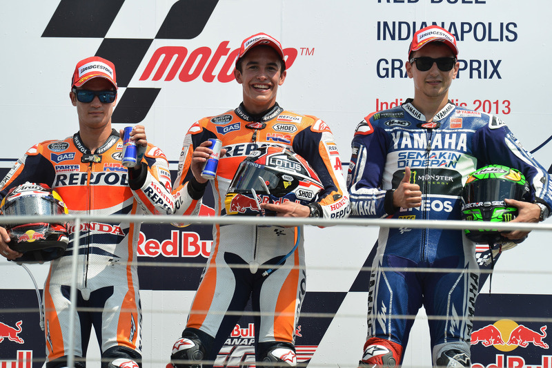 Ganador, Marc Márquez, Repsol Honda Team, segundo, Dani Pedrosa, Repsol Honda Team, tercero,  Jorge Lorenzo, Yamaha Factory Racing