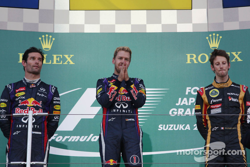 Podium: Sieger Sebastian Vettel, Red Bull Racing; 2. Mark Webber, Red Bull Racing; 3. Romain Grosjea