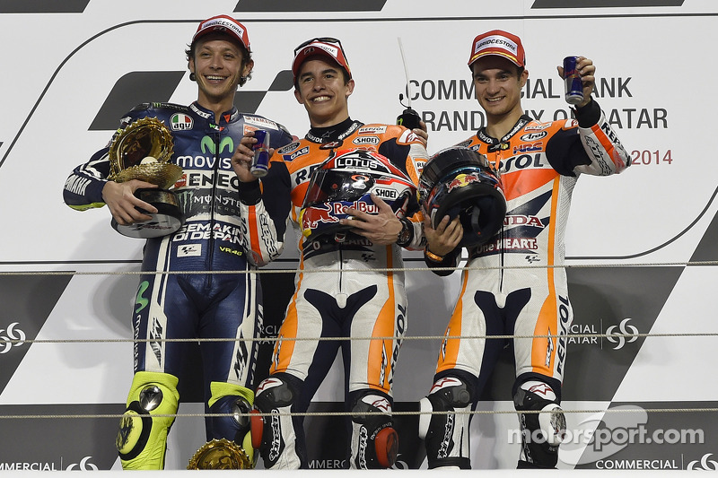 Ganador de la carrera Marc Márquez, del equipo Repsol Honda, el segundo lugar Valentino Rossi, Yamaha Factory Racing, tercero Dani Pedrosa, Repsol Honda Team