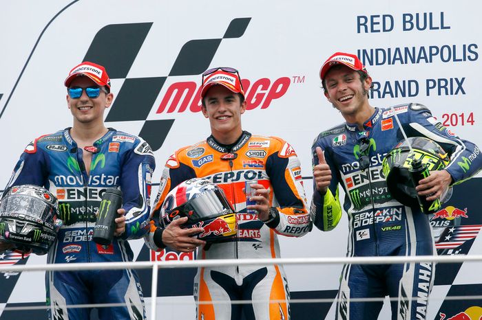Podio: 1º Marc Márquez, 2º Jorge Lorenzo, 3º Valentino Rossi