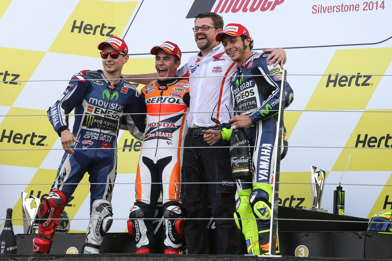 Podio: carrera ganador Marc Márquez, subcampeón Jorge Lorenzo, Valentino Rossi el tercer lugar