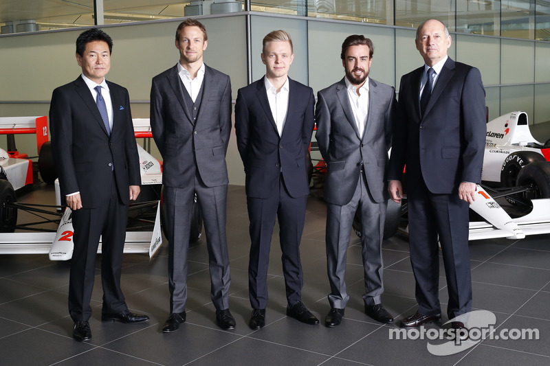 Yasuhisa Arai, head of Honda Motorsport, Jenson Button, Kevin Magnussen, Fernando Alonso and Ron Dennis, Chairman & CEO of McLaren