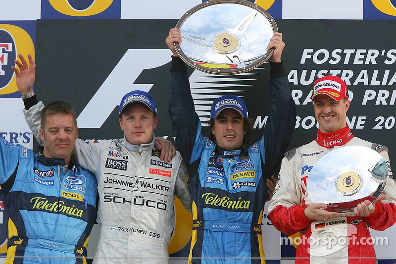 Podium: race winner Fernando Alonso with Kimi Raikkonen and Ralf Schumacher