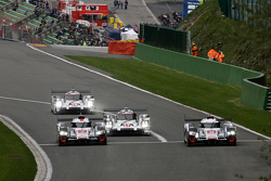 #7 Marcel Fassler, Andre Lotterer, Benoit Treluyer and #8 Lucas Di Grassi,Loïc Duval, Oliver Jarvis Audi Sport Team Joest Audi R18 e-tron quattro Hybrids and #17 Timo Bernhard, Mark Webber, Brendon Hartley and #19 Nico Hulkenberg, Earl Bamber, Nick Tandy