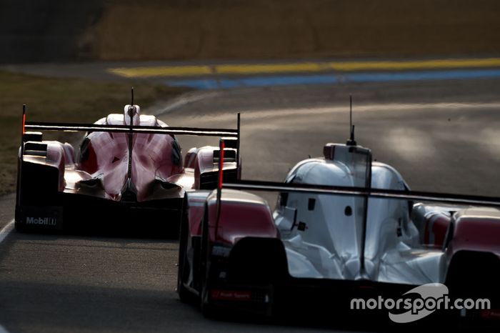 #17 Porsche Team Porsche 919 Hybrid: Timo Bernhard, Mark Webber, Brendon Hartley seguido de #7 Audi Sport Team Joest Audi R18 e-tron quattro: Marcel Fässler, Andre Lotterer, Benoit Tréluyer