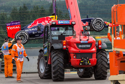 The Red Bull Racing RB11 of race retiree Daniel Ricciardo, Red Bull Racing is recovered
