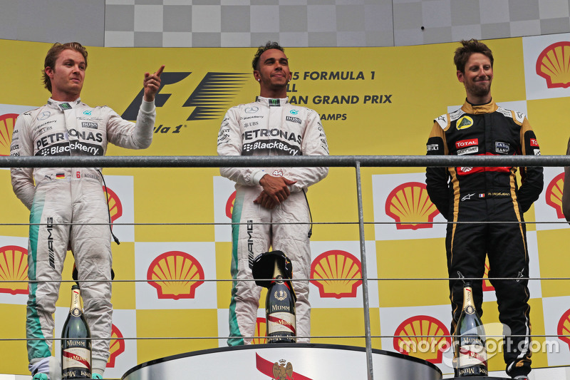 The podium,: Nico Rosberg, Mercedes AMG F1, second; Lewis Hamilton, Mercedes AMG F1, race winner; Ro