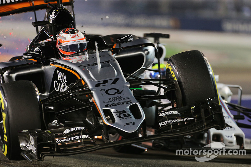 Nico Hulkenberg, Sahara Force India F1 VJM08 y Felipe Massa, Williams FW37 chocan en la carrera