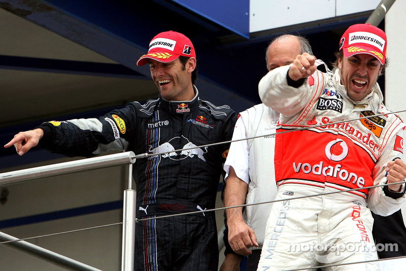 3rd, Mark Webber, Red Bull Racing and 1st, Fernando Alonso, McLaren Mercedes