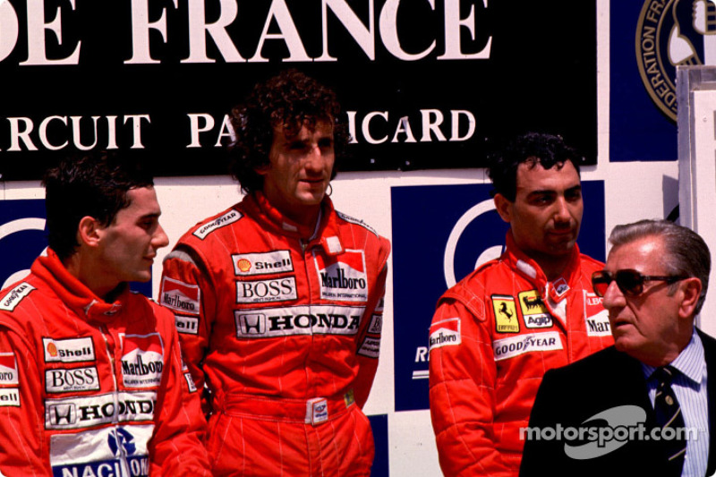 Podium: race winner Alain Prost with Ayrton Senna and Michele Alboreto