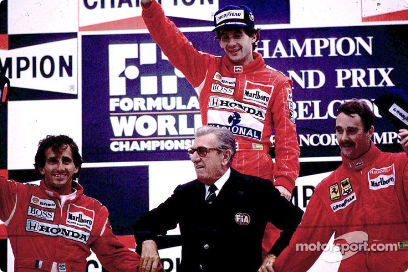 Podium: Sieger Ayrton Senna mit Alain Prost und Nigel Mansell