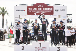 Podium: winners Jari-Matti Latvala and Miikka Anttila, Volkswagen Motorsport, second place Elfyn Eva