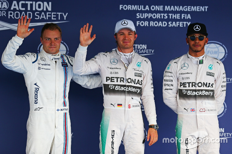 Qualifying: third place Valtteri Bottas, Williams and polesitter Nico Rosberg and second place Lewis Hamilton, Mercedes AMG F1