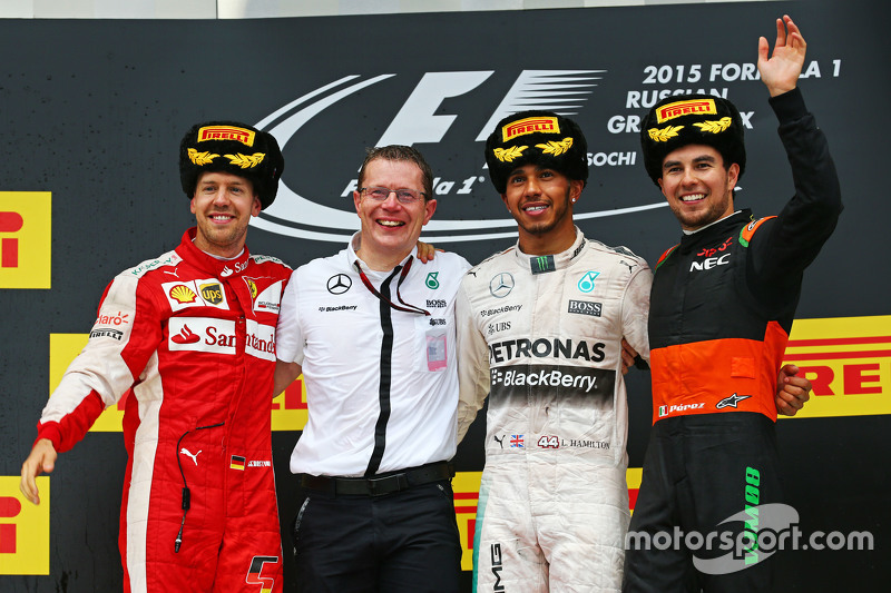 Podium: 2. Sebastian Vettel, Ferrari; 1. Lewis Hamilton, Mercedes AMG F1; 3. Sergio Perez, Sahara Fo