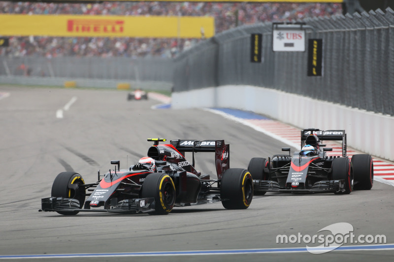 Jenson Button, McLaren MP4-30 leads team mate Fernando Alonso, McLaren MP4-30