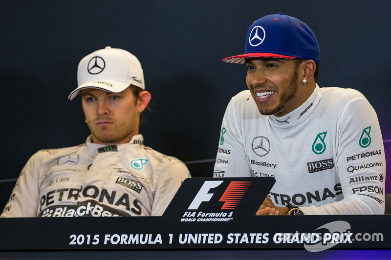 Second place Nico Rosberg, Mercedes AMG F1 with team mate, race winner and World Champion Lewis Hamilton, Mercedes AMG F1 in the FIA Press Conference