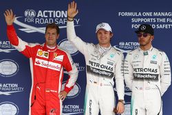 Polesitter Nico Rosberg, Mercedes AMG F1 Team, second place Lewis Hamilton, Mercedes AMG F1 Team and third place Sebastian Vettel, Ferrari