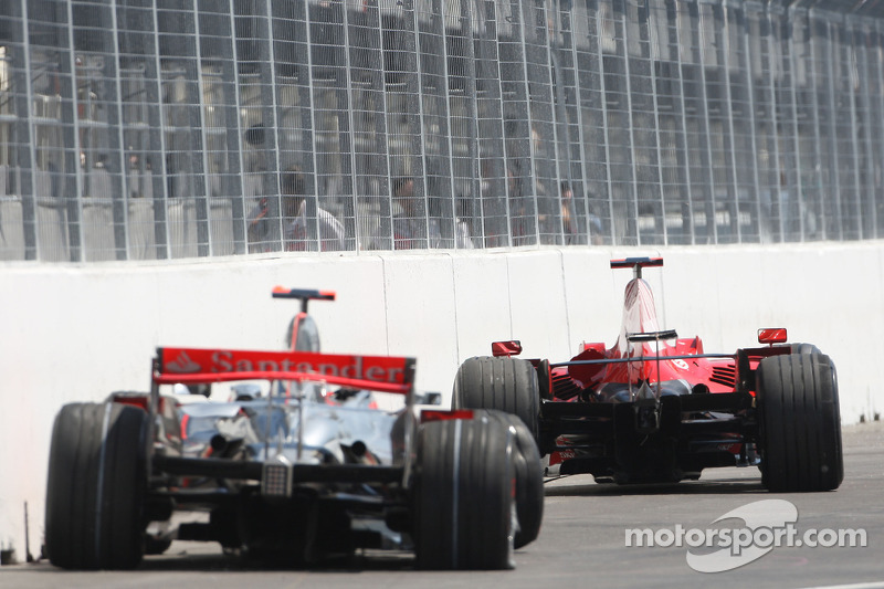 The cars of Lewis Hamilton, McLaren Mercedes and Kimi Raikkonen, Scuderia Ferrari