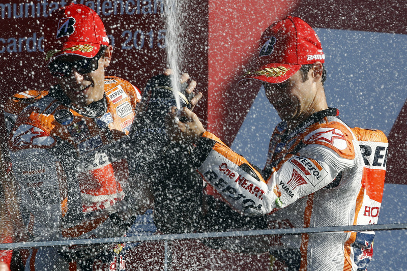 Podium: Segundo lugar, Marc Márquez y tercer lugar, Dani Pedrosa, Repsol Honda Team