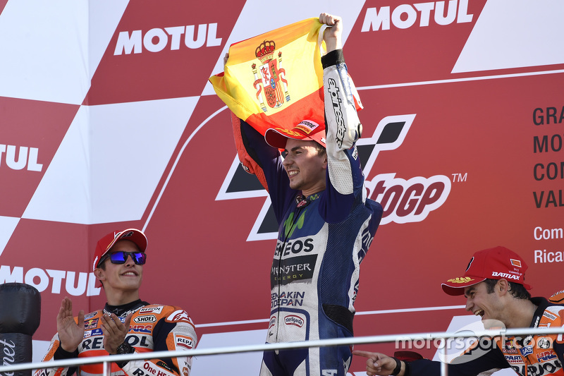 Podium: second place Marc Marquez, Repsol Honda Team and Winner and 2015 World Champion Jorge Lorenz