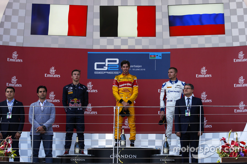 Podio: ganador de la carrera Antonio Giovinazzi, PREMA Racing, segundo lugar Pierre Gasly, PREMA Racing & tercer lugar Sergey Sirotkin, ART Grand Prix